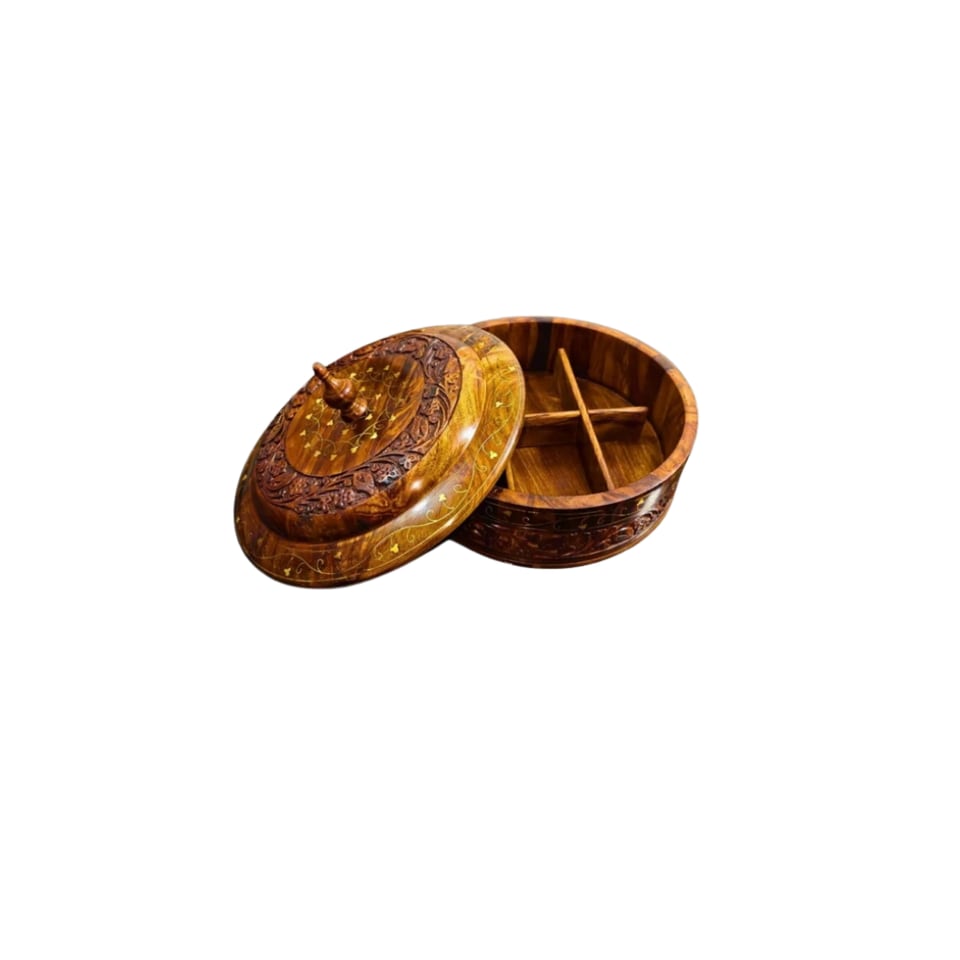 Round sheesham dry fruit box with a hand-carved lid lifted to show four compartments