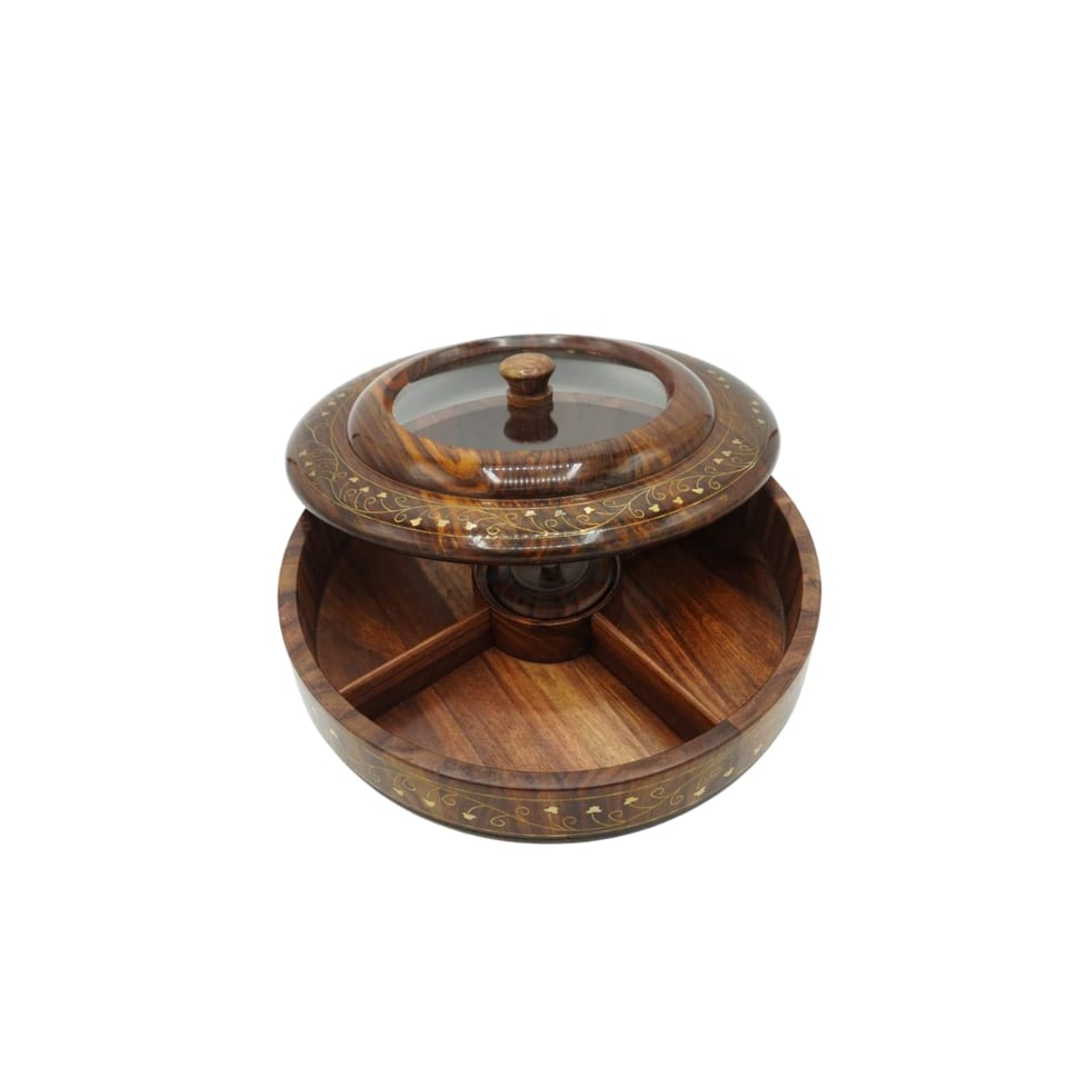 Round sheesham dry fruit tray with four compartments under a glass lid and brass inlay