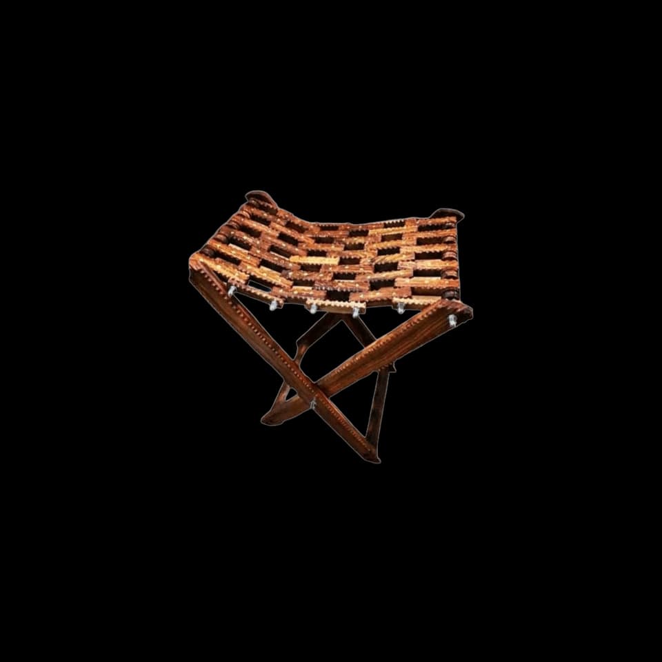 Small folding sheesham stool with an X-frame and a woven cord seat