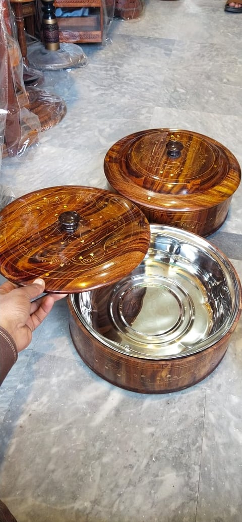 Wooden hot pot with a removable stainless steel inner bowl
