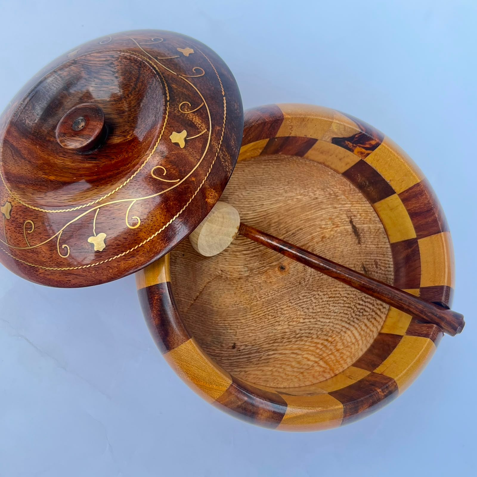 Wooden hot pot with a brass-inlaid wooden lid and serving spoon