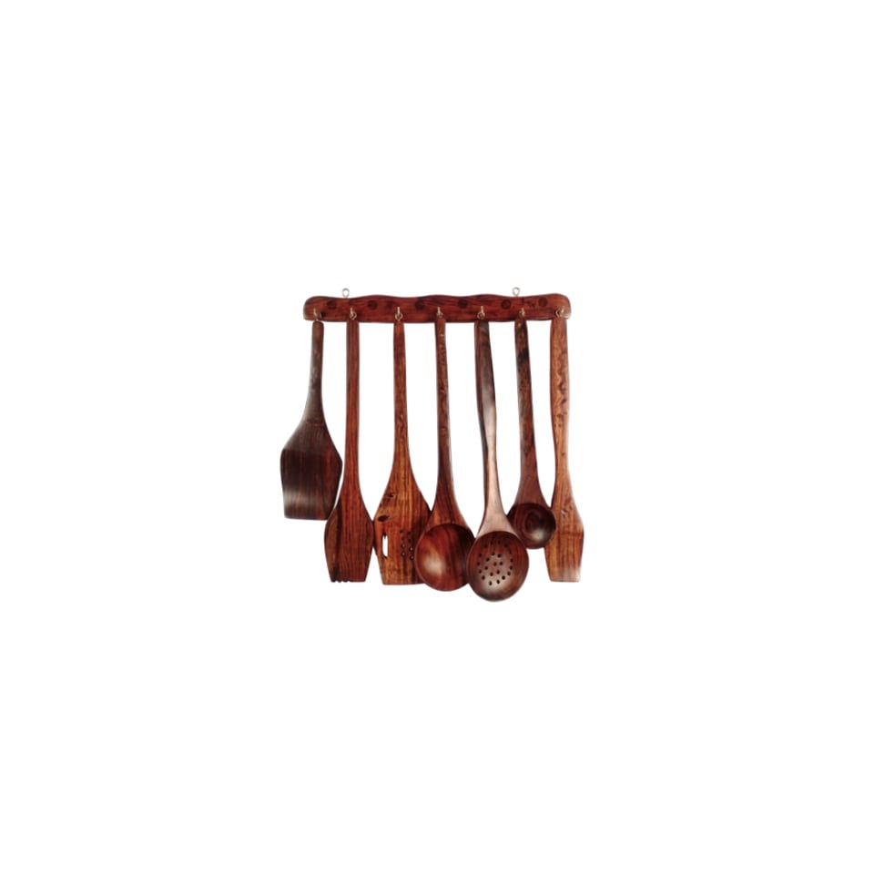 Wooden wall rack hung with six sheesham cooking utensils including ladles and a spatula