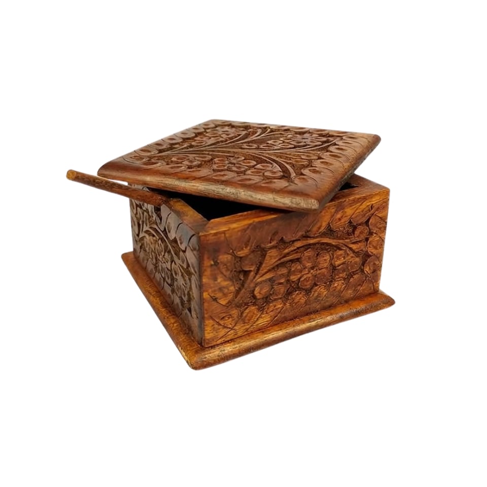 Sheesham jewellery box carved with floral naqshi patterns, lid hinged open