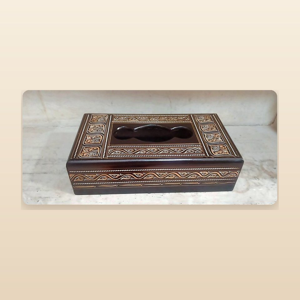 Rectangular wooden tissue box with gold and red naqshi bands along the sides
