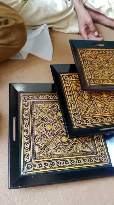 Set of square wooden serving trays painted in black and gold naqshi patterns