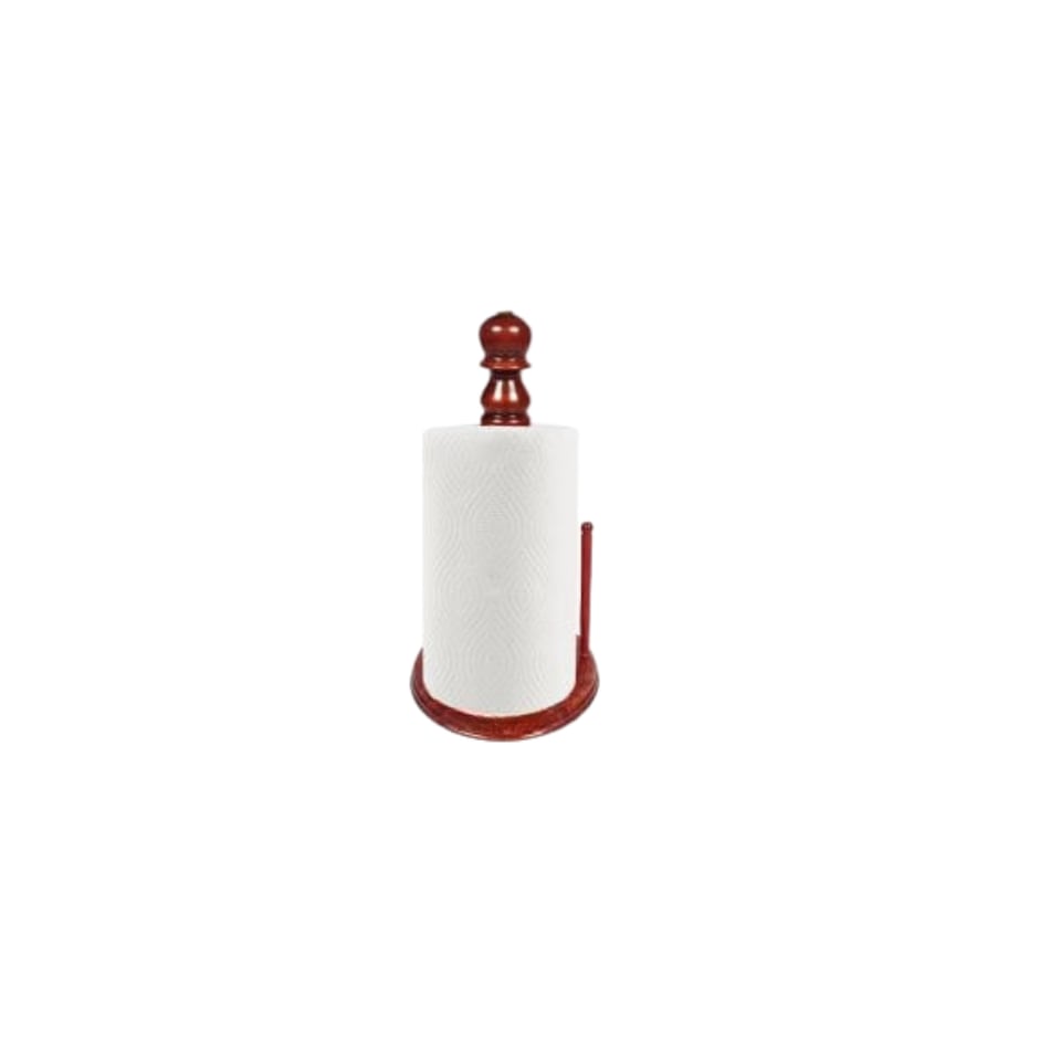 Wooden paper towel holder with a dark red base holding a white kitchen roll