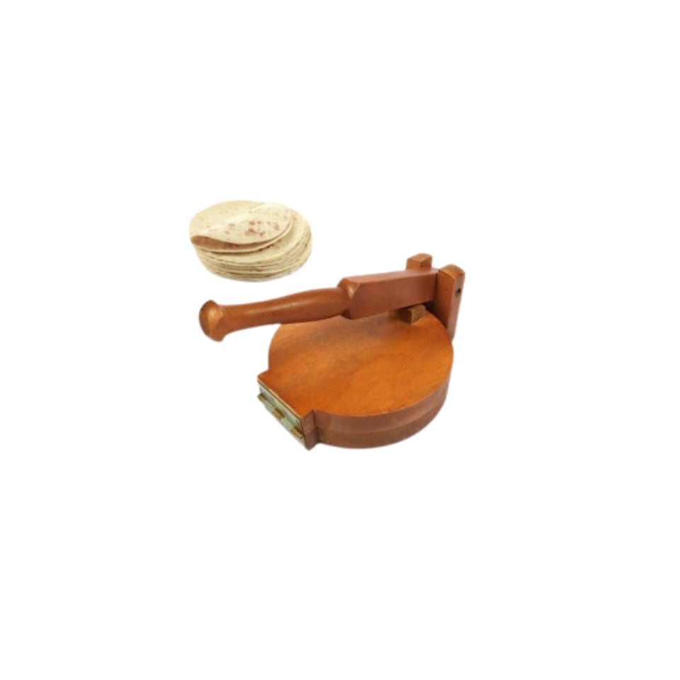 Hinged wooden roti press open beside a stack of flatbreads