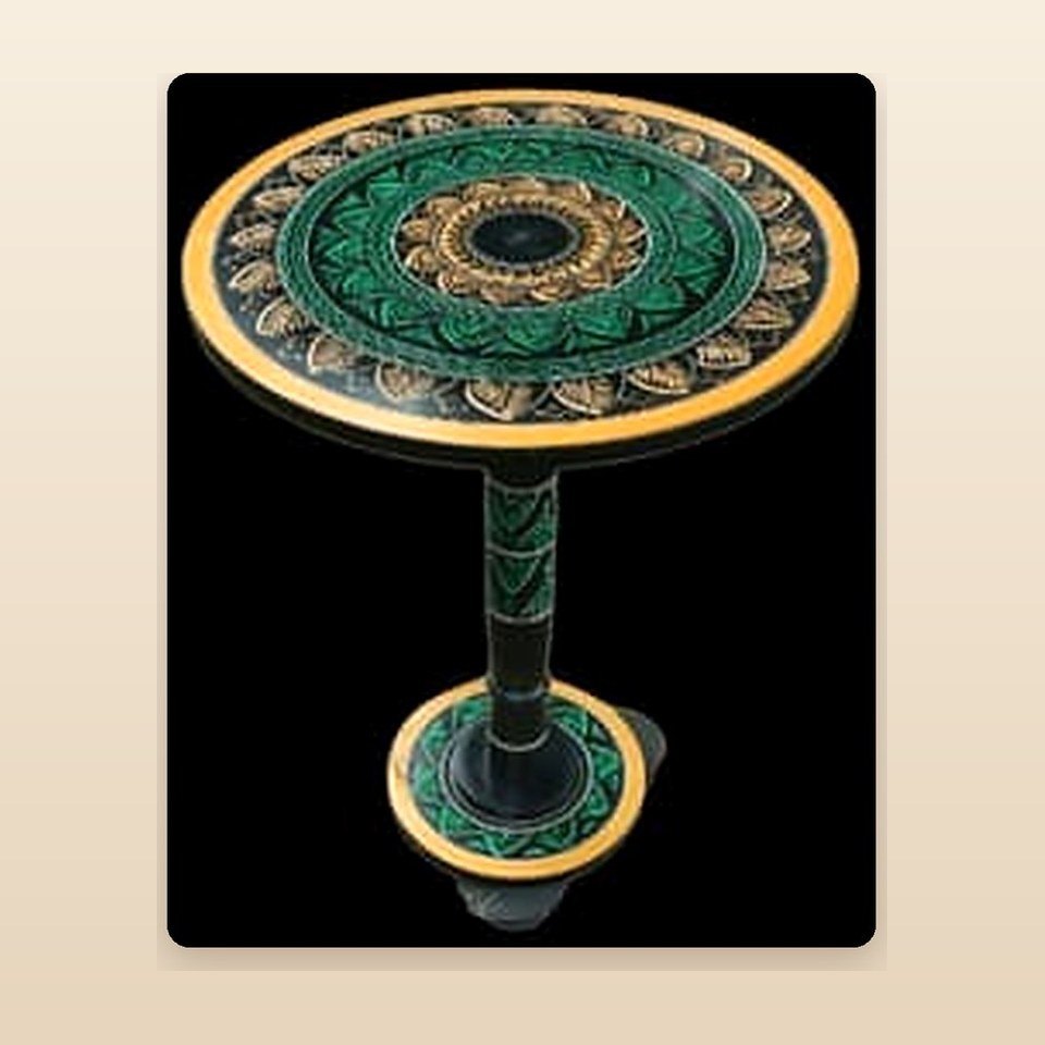 Round pedestal table with a green and gold naqshi top on a turned lacquered stem