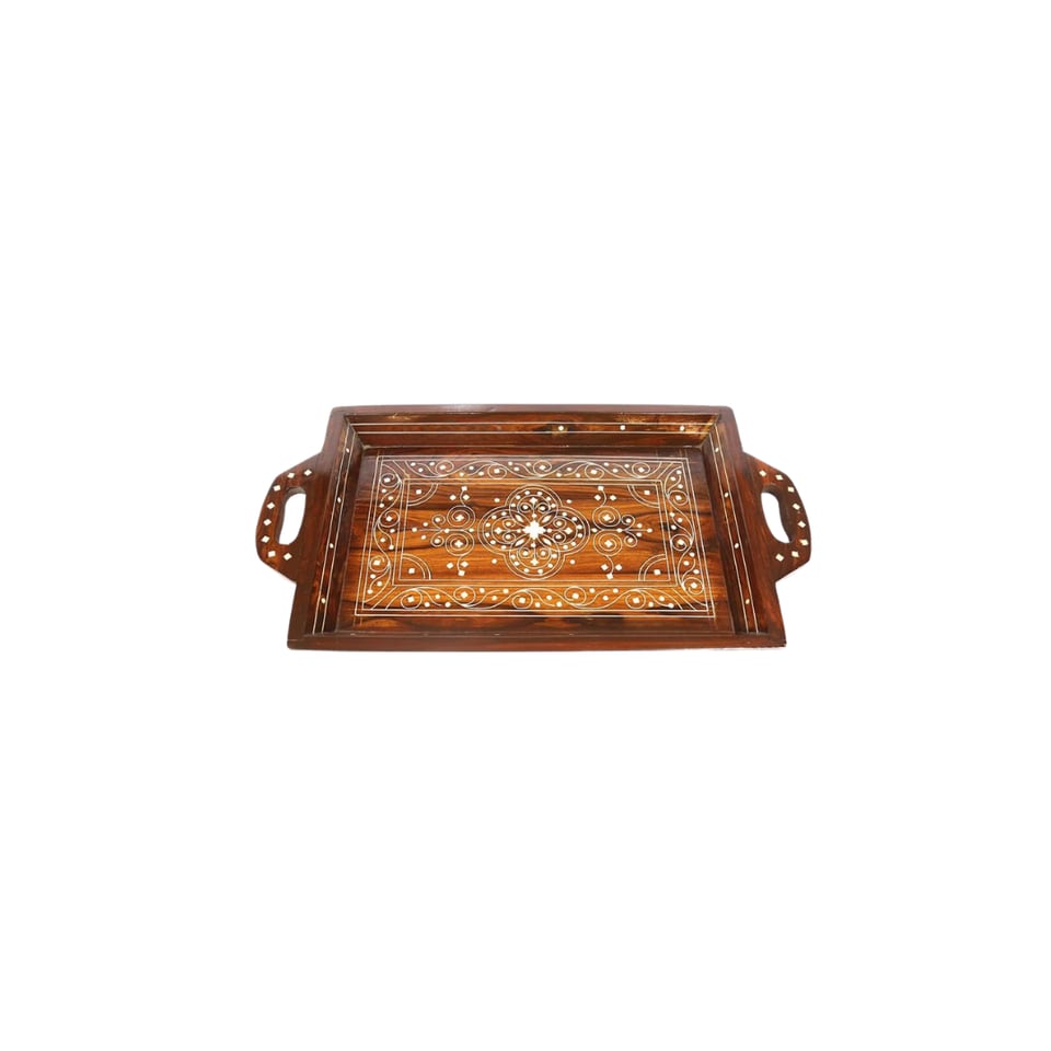 Three nesting sheesham serving trays with brass inlay borders and cut-out handles