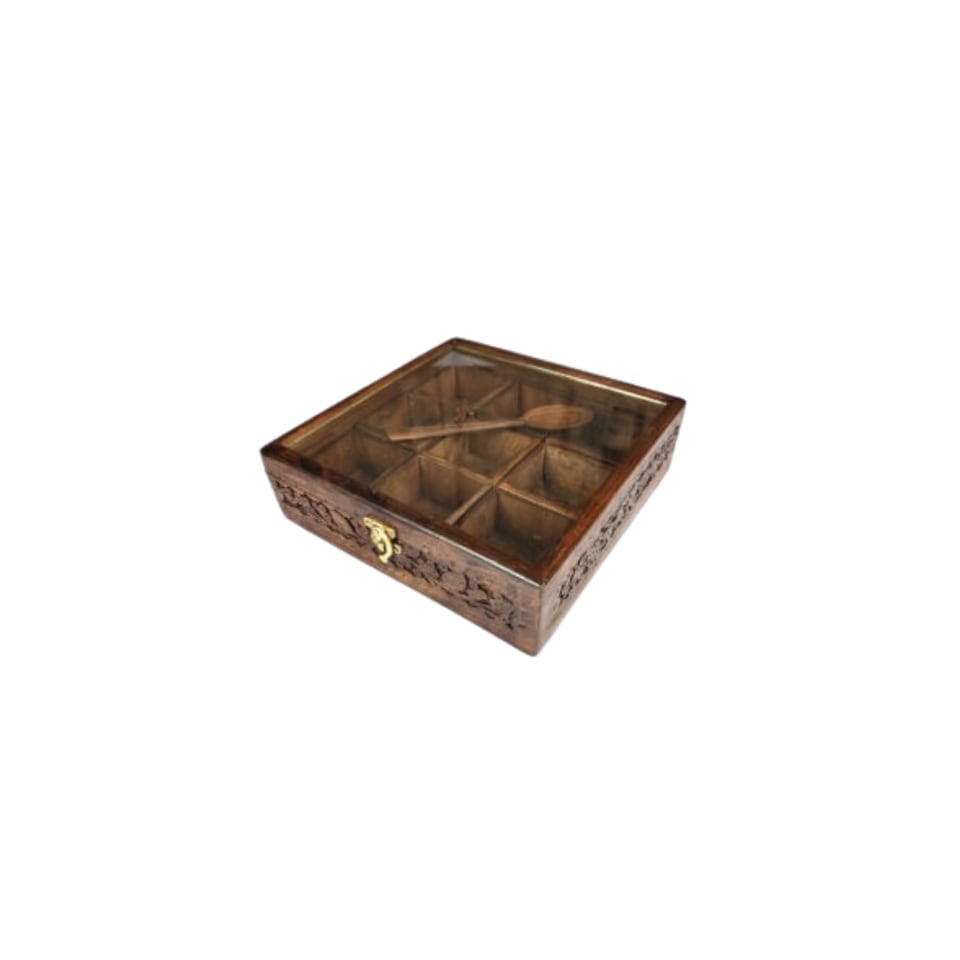 Square sheesham spice box with nine compartments under a glass lid and a brass clasp
