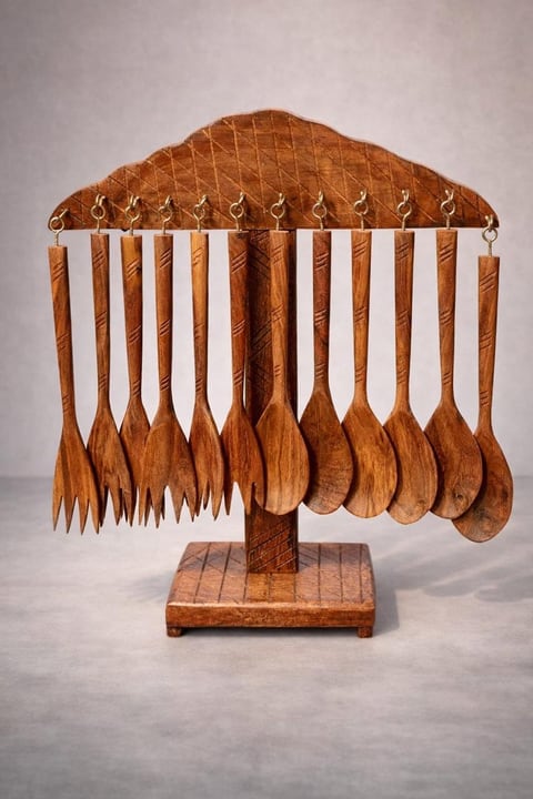 Wooden spoon stand holding hanging wooden spoons and forks