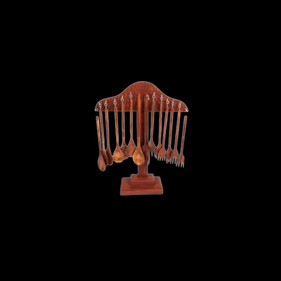 Arched sheesham spoon stand with spoons and forks hanging from its pegs