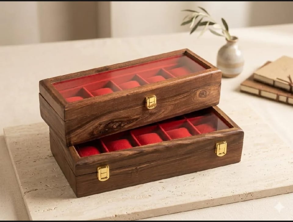 Wooden watch box with a glass lid and red cushioned slots