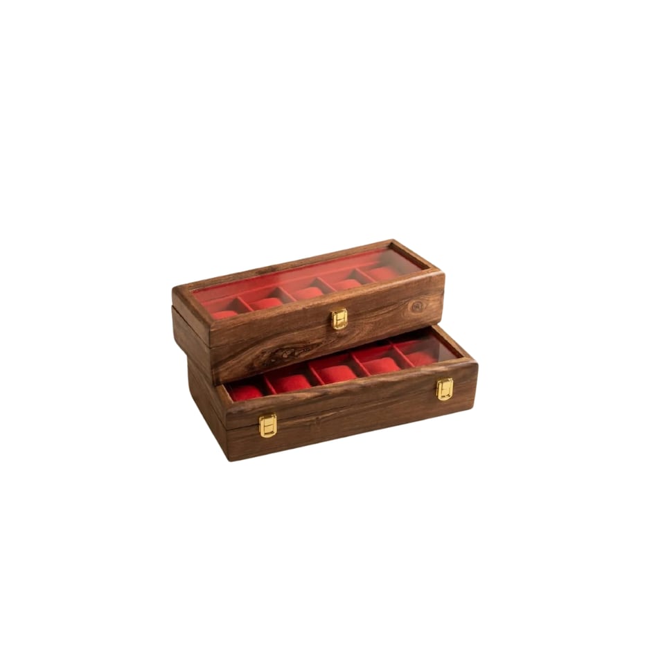 Two sheesham watch boxes with glass lids and five red velvet slots each