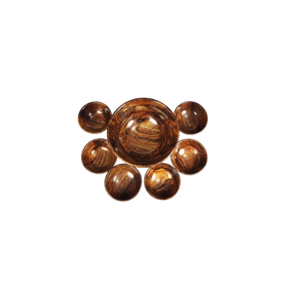 Large sheesham bowl surrounded by six small matching bowls with contrast polish