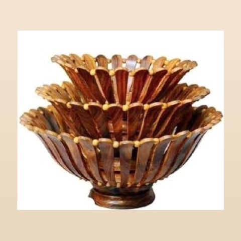 Three handmade sheesham fruit baskets with carved petal slats and beaded rims shown stacked as a movable nesting set