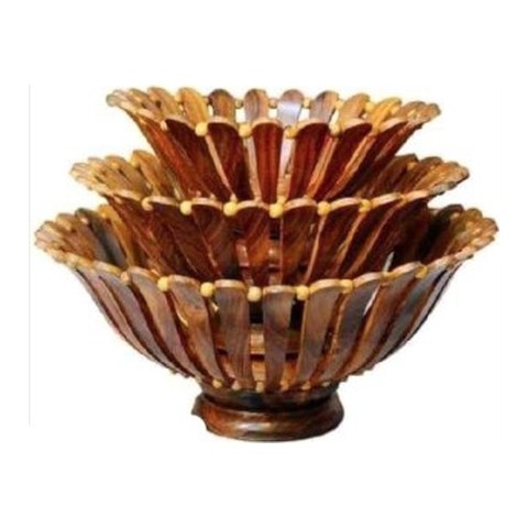 Single handmade sheesham fruit basket with three fixed tiers of carved slats, beaded rims and a turned pedestal foot