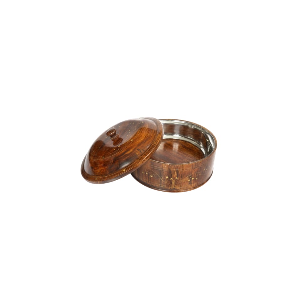 Round sheesham wood hot pot with a steel inner bowl and brass pin inlay on the lid