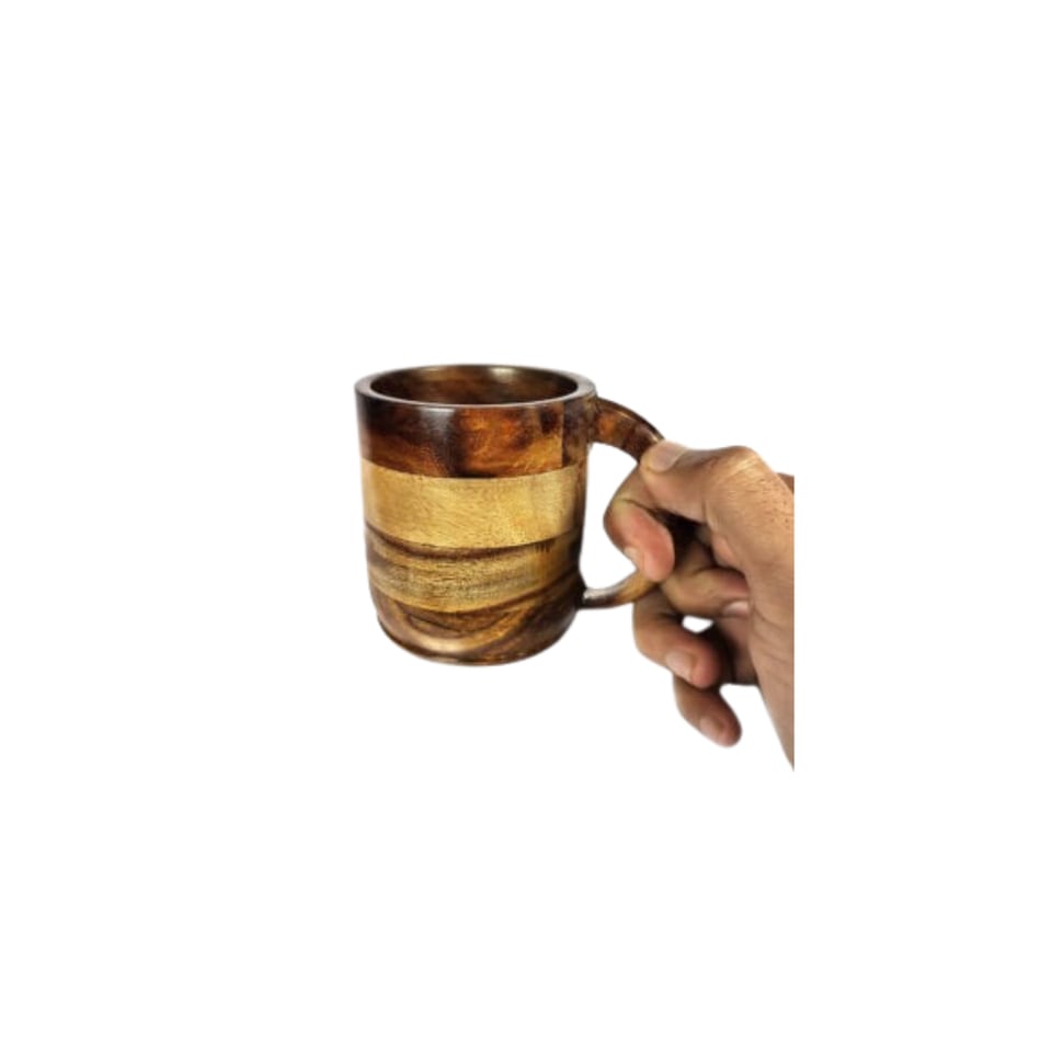 Pair of sheesham wood mugs with steel liners and curved wooden handles
