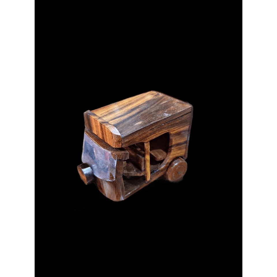 Hand-assembled sheesham wood Pakistani auto-rickshaw with a hooded canopy, handlebars and three wheels