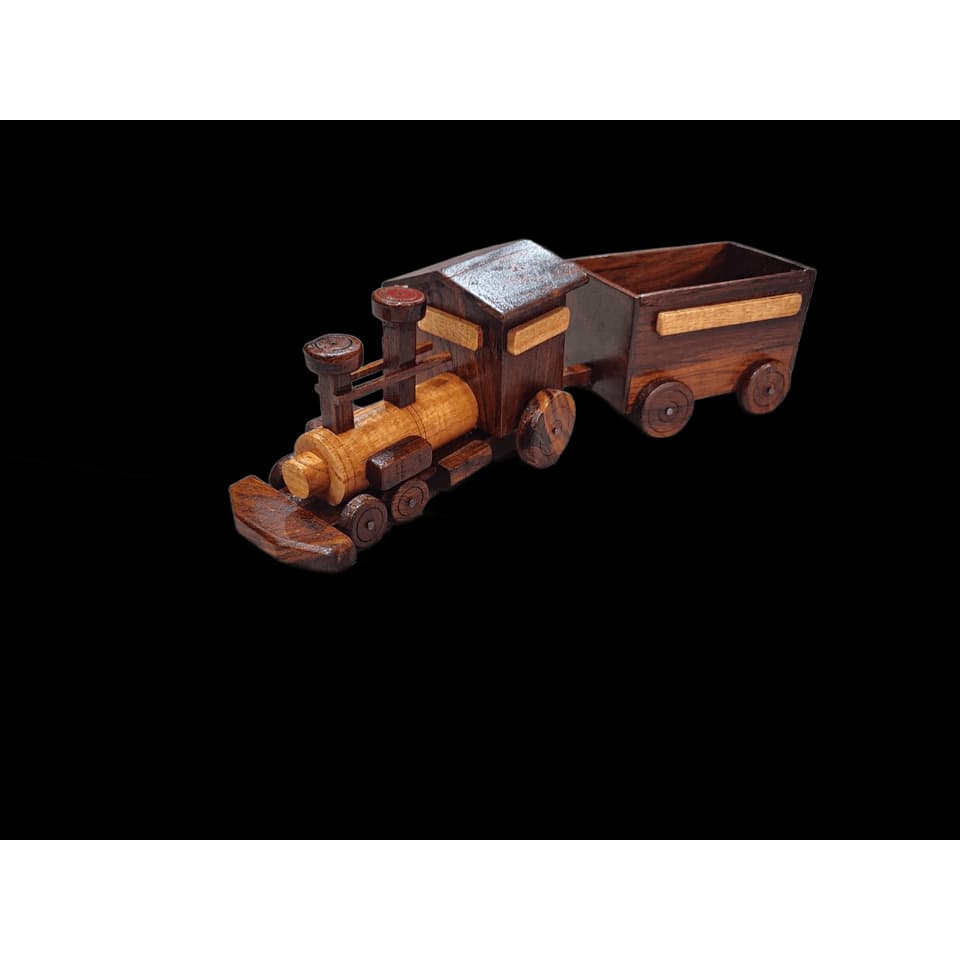 Sheesham wood steam locomotive with cylindrical boiler, chimney and a detachable open cargo wagon